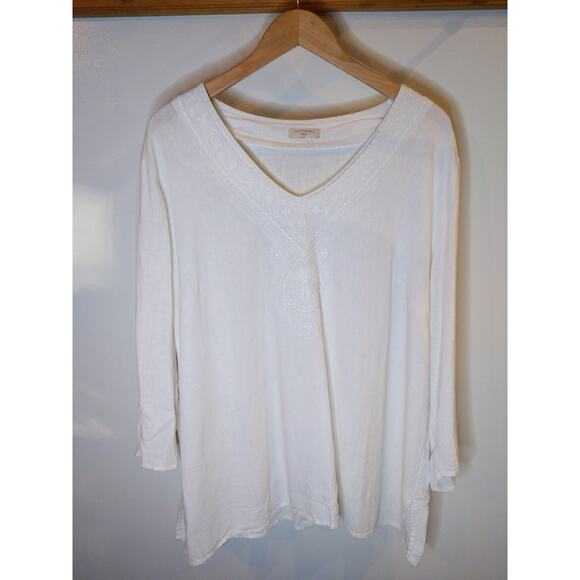 SAINT TROPEZ WEST White Linen Rayon Top Long Sleeve V-Neck Resort Beach XL - Picture 1 of 9